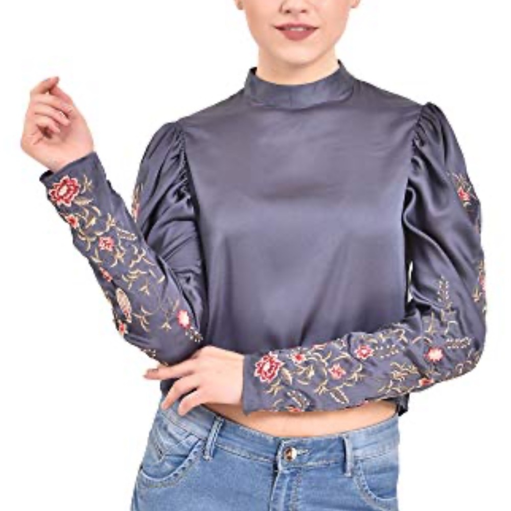 Blue satin embroidered sleeves blouse!